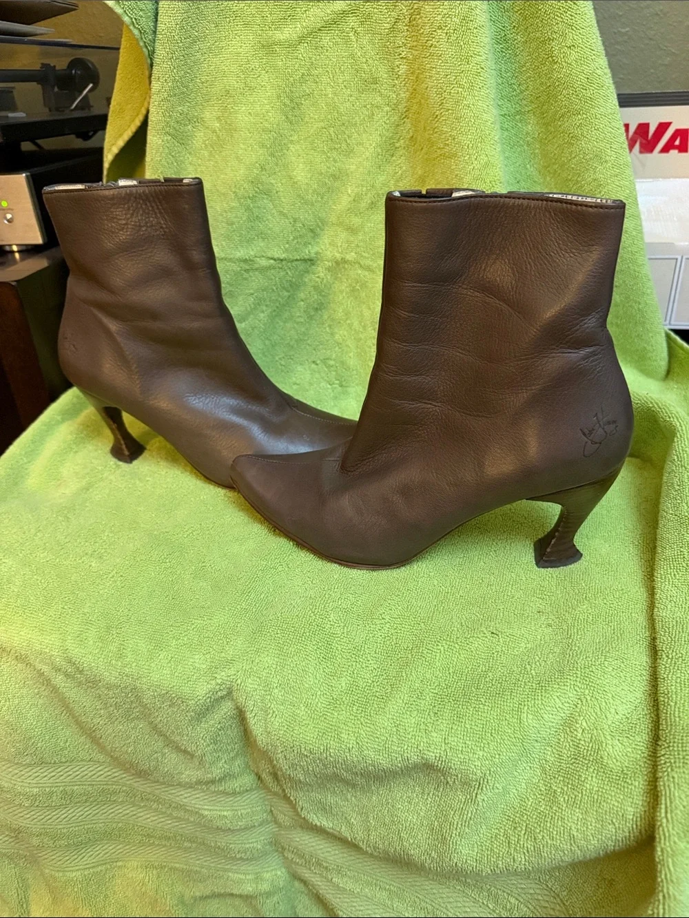 John Fluevog Dark Brown Pointed Toe Leather Ankle Boots